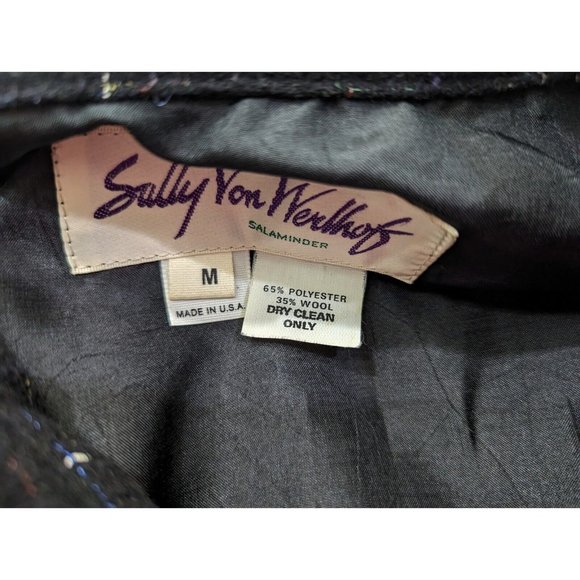 Vintage 80s Jacket Sally Von Werlhof Black Gray Wool Blend Floral Tweed Size M - Picture 9 of 10
